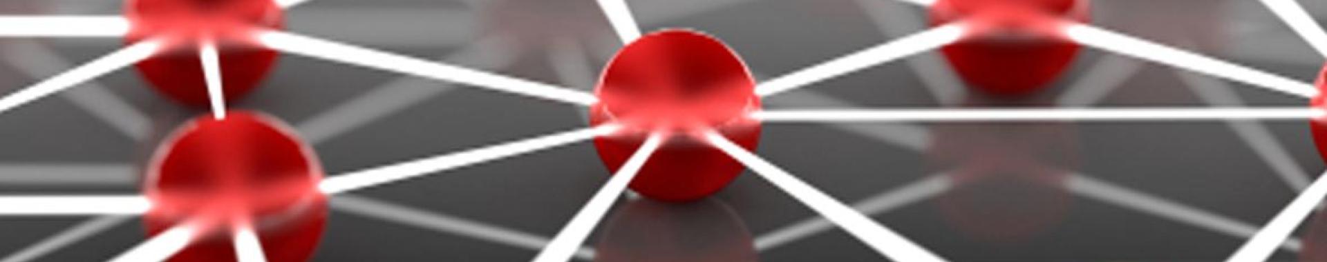 Illustration of network of connected red spheres connected with white lines on a reflective surface.